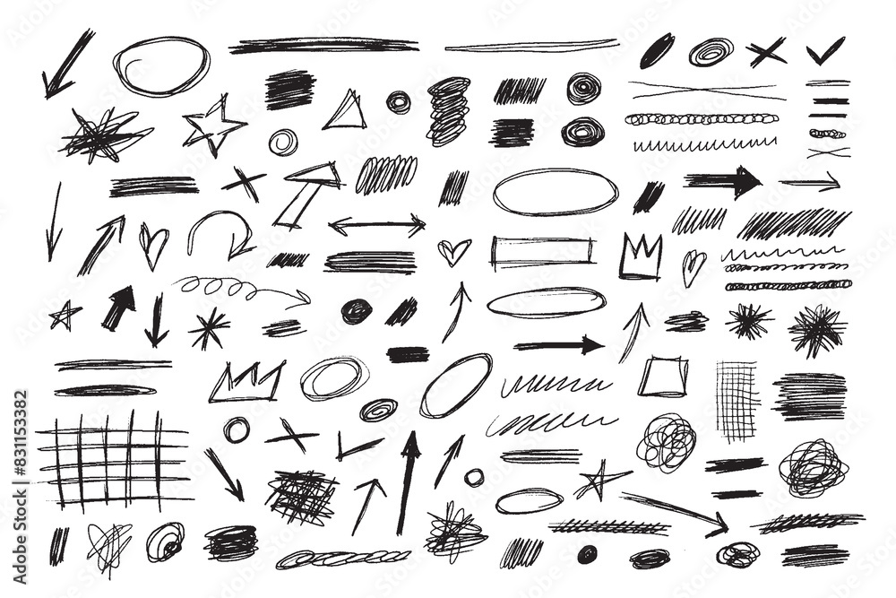 Hand drawn collection pen, pencil, charcoal simple elements. Doodle set different oval, lines, arrows, highlights and shapes in grunge style.