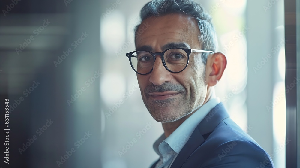 Portrait of happy mature businessman wearing spectacles and looking at camera Multiethnic satisfied man feeling confident in a creative office Successful middle eastern business man s : Generative AI Portrait of happy mature businessman wearing spectacles and looking at camera Multiethnic satisfied man feeling confident in a creative office Successful middle eastern business man s : Generative AI