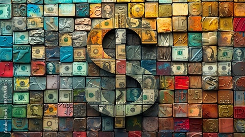 A mosaic of different currency symbols forming a large, cohesive dollar sign, representing unity and financial success. Minimal and Simple style photo