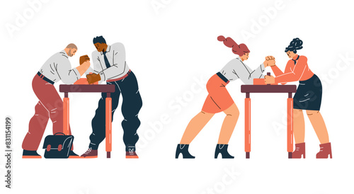 Vector illustration of office rivalry of colleagues, men and women, fighting in an arm wrestling match.