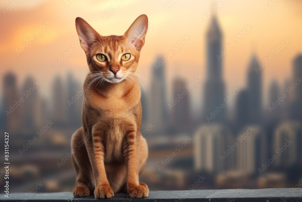 Portrait of a cute abyssinian cat isolated in vibrant city skyline Portrait of a cute abyssinian cat isolated in vibrant city skyline
