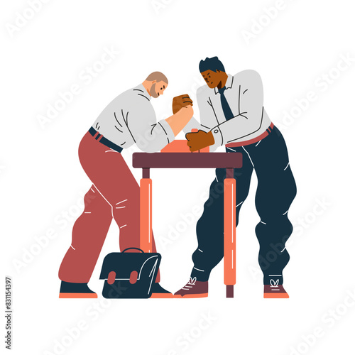 Office arm wrestling vector, leadership challenge. Isolated background.