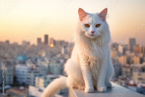 Portrait of a happy turkish van cat isolated in vibrant city skyline