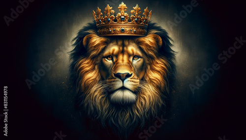 A realistic portrayal of a lion with a golden crown, set against a dramatic backdrop.
