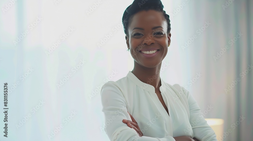 Happy smile and arms crossed with black woman in office for leadership management and development Vision inspiration and mission with female employee for growth motivation and empowerm : Generative AI