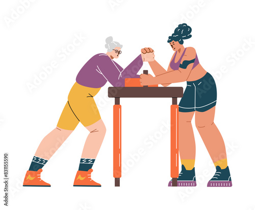 Arm wrestling competition game between older and younger women, vector daughter and grandmother playing arm wrestling
