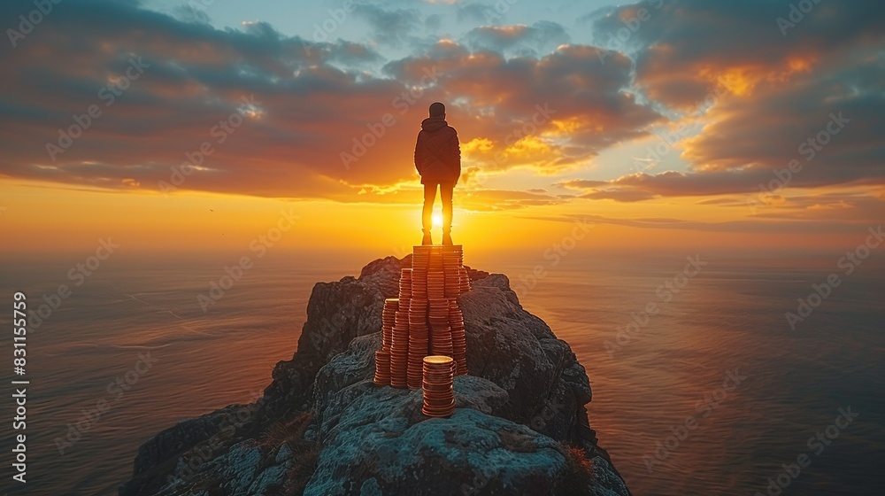 A person standing on a peak of stacked gold coins, with a sunrise in the background, symbolizing reaching the pinnacle of financial success. Minimal and Simple style