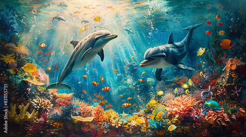 A vibrant underwater scene painted on a child's bedroom wall, with playful dolphins and colorful fish swimming amongst coral reefs.