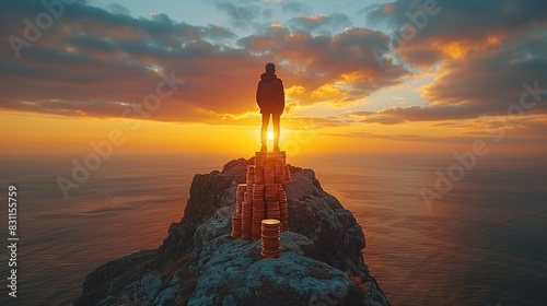 A person standing on a peak of stacked gold coins, with a sunrise in the background, symbolizing reaching the pinnacle of financial success. Minimal and Simple style photo