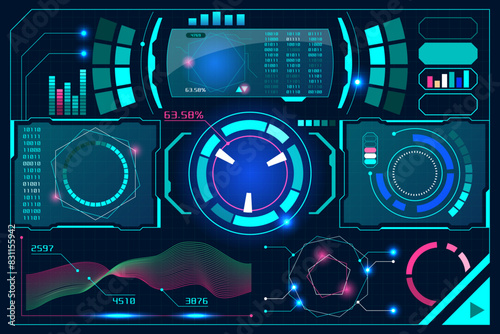 abstract technology futuristic concept HUD interface hologram elements of digital data and circle percent vitality innovation on dark blue color background.