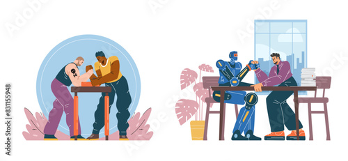 Arm wrestling duel set: man against man and robot. Flat style, isolated background.