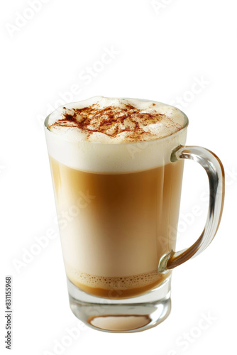 A glass of coffee with a lot of foam on top. The foam is brown and looks like it's made of whipped cream, isolated transparent background