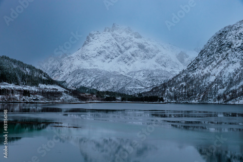 Landscape at the beginning of winter in Gullesfjorden, Lofoten Islands, Norway