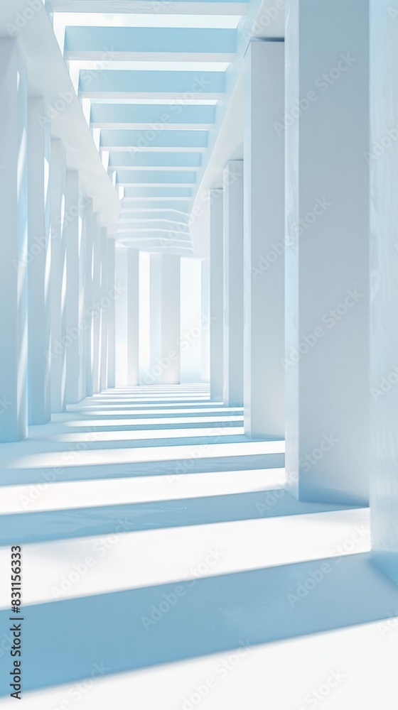 Obraz premium Beautiful airy widescreen minimalist white and light blue architectural background banner with sloping columns. White dove flies to the cross, hope, faith, peace, Jesus, religious culture, artificial 
