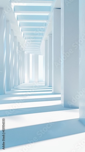 Beautiful airy widescreen minimalist white and light blue architectural background banner with sloping columns. White dove flies to the cross, hope, faith, peace, Jesus, religious culture, artificial 