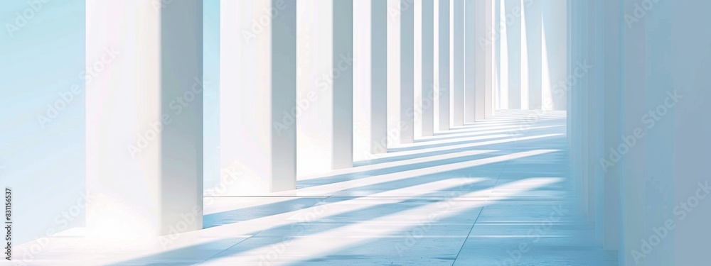Obraz premium Beautiful airy widescreen minimalist white and light blue architectural background banner with sloping columns. White dove flies to the cross, hope, faith, peace, Jesus, religious culture, artificial 