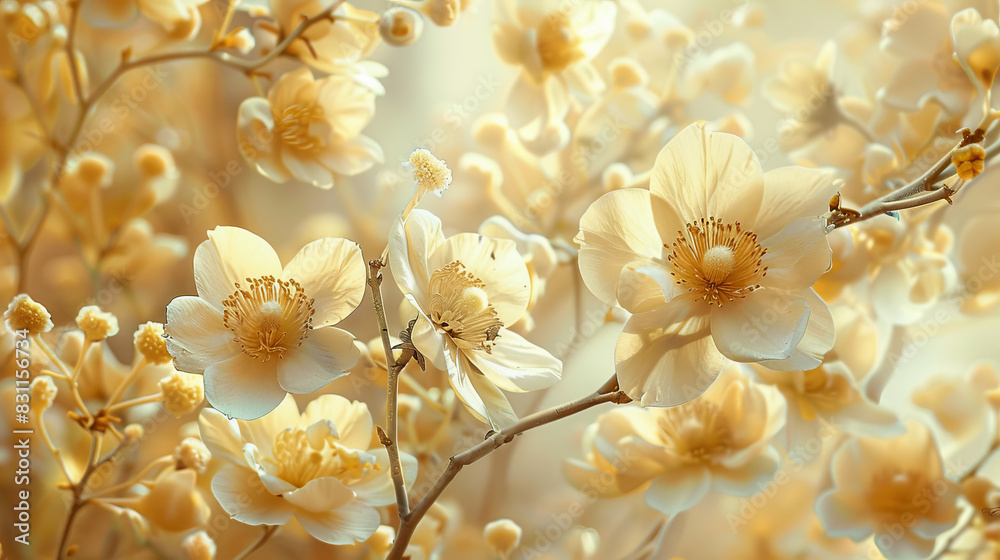Vibrant flowers on a cream backdrop, beautiful and serene.