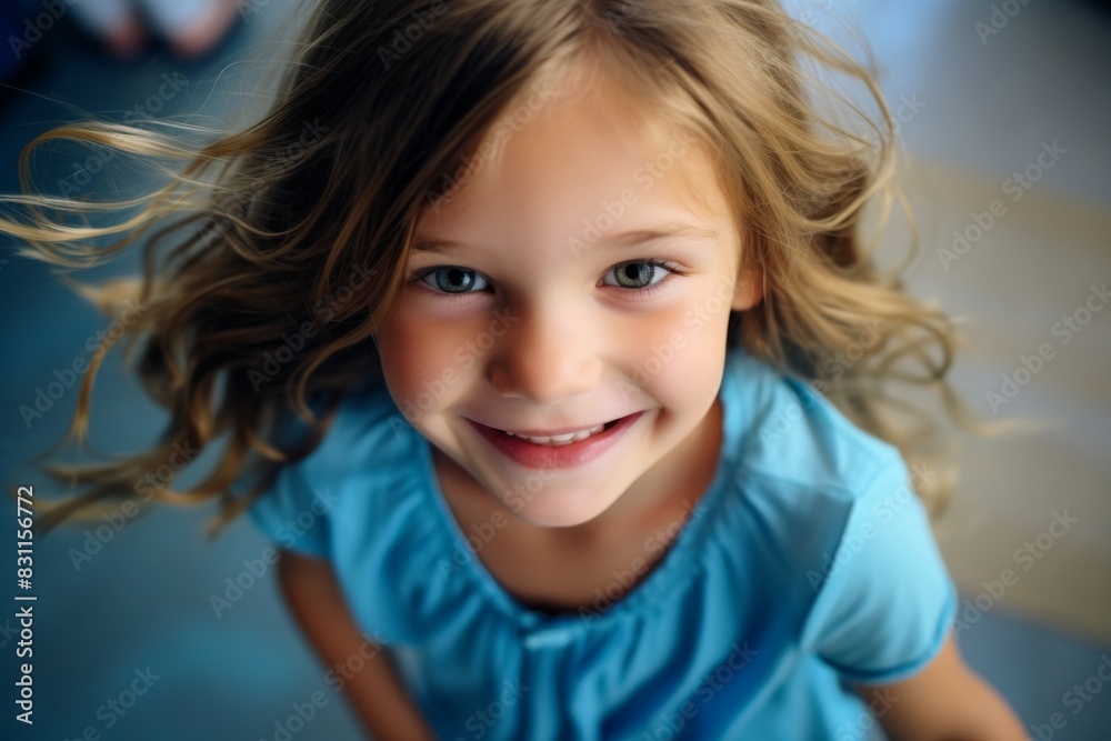An adorable child, illustrated with long, wavy brown hair and dressed in blue, lounges contentedly in studio photo shooting background. An adorable child, illustrated with long, wavy brown hair and dressed in blue, lounges contentedly in studio photo shooting background.