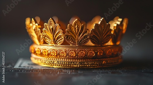 A radiant crown made of gold coins and bills, symbolizing the ultimate achievement of financial success and prosperity. Minimal and Simple style photo
