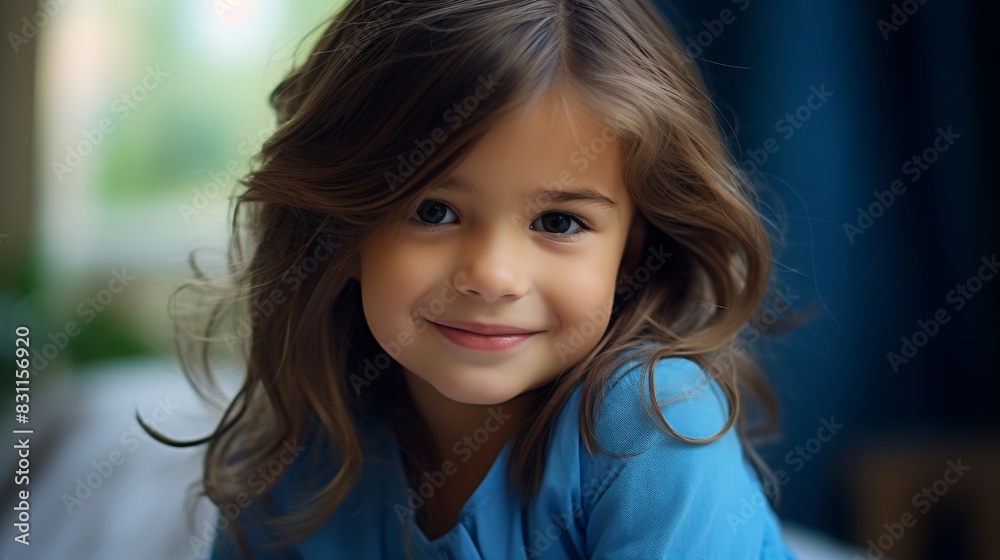 An adorable child, illustrated with long, wavy brown hair and dressed in blue, lounges contentedly in studio photo shooting background. An adorable child, illustrated with long, wavy brown hair and dressed in blue, lounges contentedly in studio photo shooting background.