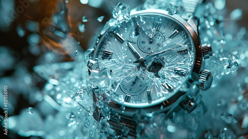 A silver wristwatch submerged in a splash of water, frozen in time. The water droplets create a dynamic and abstract background.