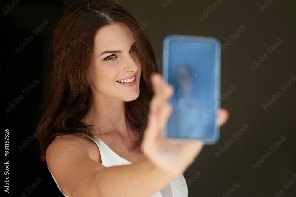 Phone screen, selfie and happy woman in house with morning, photography or wake up for social media profile picture. Smartphone, photoshoot or influencer at home with app for blog content creation Phone screen, selfie and happy woman in house with morning, photography or wake up for social media profile picture. Smartphone, photoshoot or influencer at home with app for blog content creation