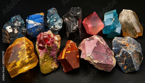 Colorful gemstones and minerals on a black background. photo