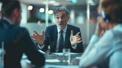 A tense corporate meeting showing an employee trying to reason with an irate manager