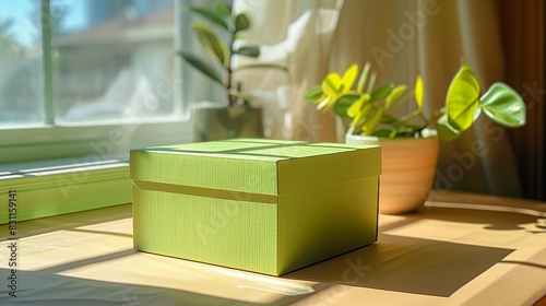 A bright green packaging box with crisp edges, placed on a neutral beige surface, emphasizing its vibrant color and simple design. Minimal and Simple style
