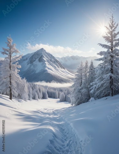 Breathtaking winter landscape featuring snow-covered trees and mountains under a clear blue sky with bright sunlight piercing through.