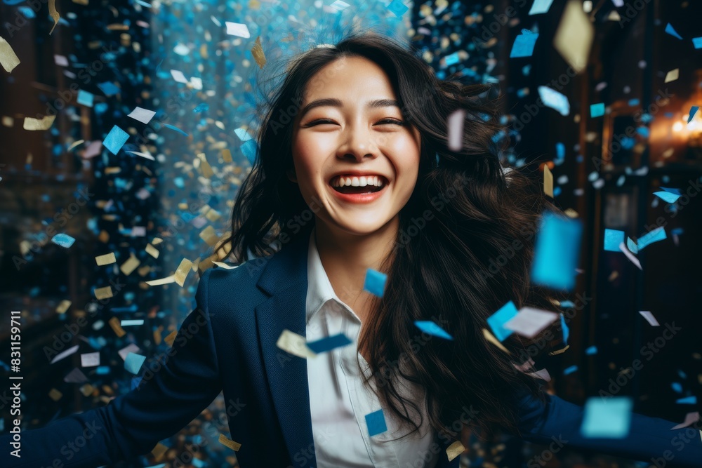 With a big grin, a lady in professional blue business attire enjoys the moment as confetti showers down, creating a joyful scene. With a big grin, a lady in professional blue business attire enjoys the moment as confetti showers down, creating a joyful scene.