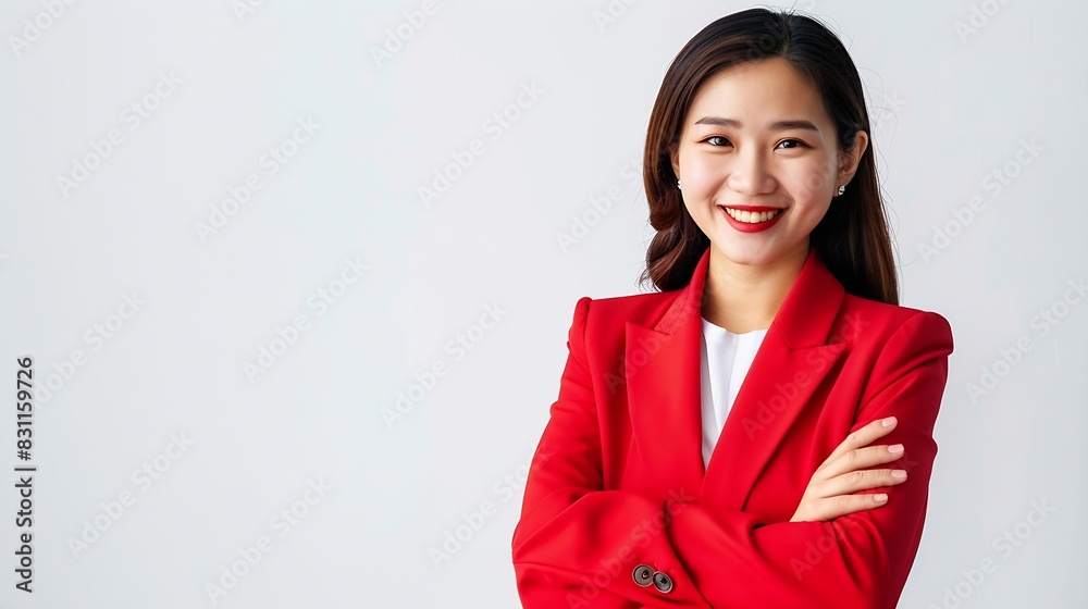 Portrait of successful business asian women in red suit with arms crossed and smile isolated over white background : Generative AI Portrait of successful business asian women in red suit with arms crossed and smile isolated over white background : Generative AI