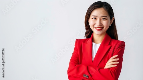 Portrait of successful business asian women in red suit with arms crossed and smile isolated over white background : Generative AI