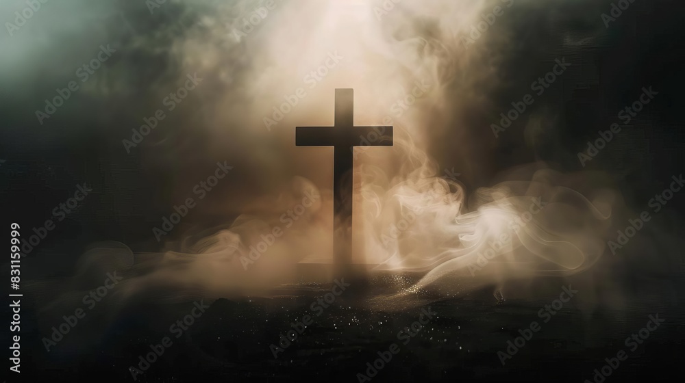 Fototapeta premium american flag cross silhouette in smoky atmospheric background