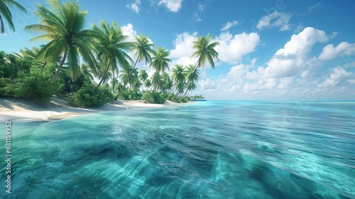 Beautiful tropical beach with palm trees and an astronomical view of the Maldives at sunset The water is clear photo