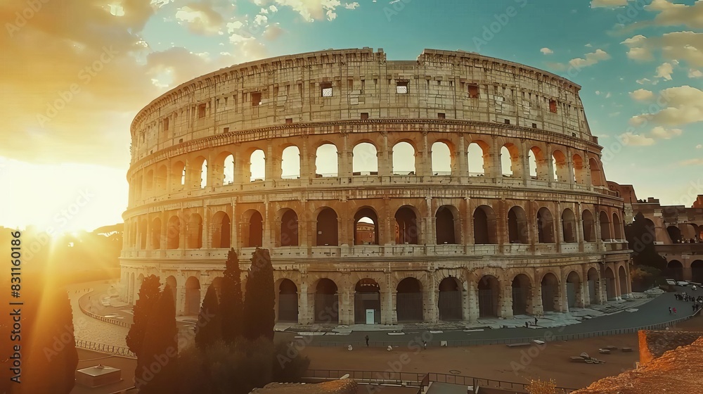 Obraz premium ancient colosseum in rome illuminated by warm morning sun iconic italian landmark travel destination
