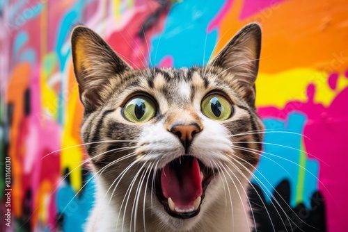 Portrait of a funny singapura cat on colorful graffiti wall