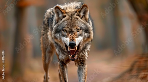 angry lone wolf baring teeth on forest path confrontational wildlife closeup front view