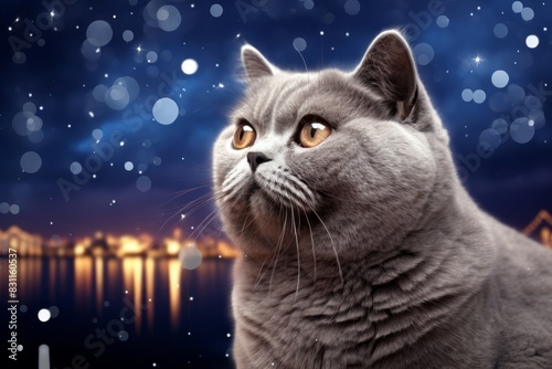 Portrait of a cute british shorthair cat over sparkling night sky
