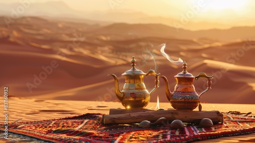 an Arabian tea ceremony in the desert next to a campfire and log, with a fire burning in the background © lililia