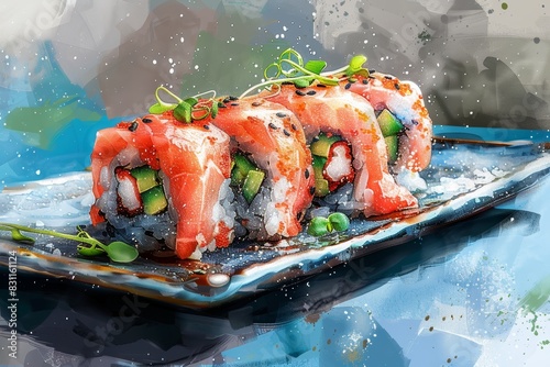 An editorial illustration of a mouth-watering sushi lamb dish, presented with artistic flair and appetizing detail