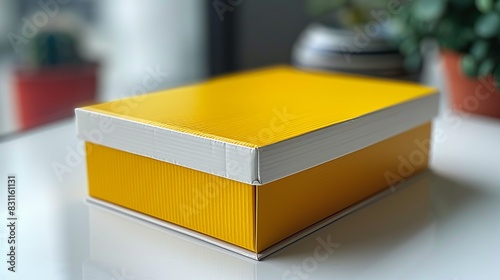 A bright yellow packaging box with crisp white edges, placed on a clean white surface, emphasizing its bold color and simplicity. Minimal and Simple style
