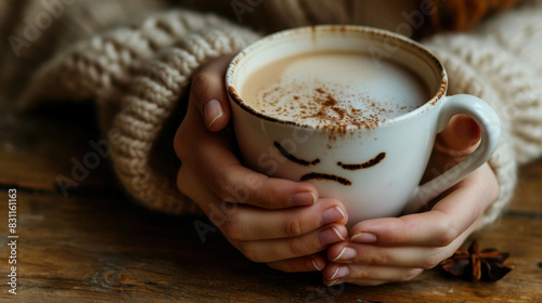woman in a sweater hands holding cocoa cup with sad face drawn on coffee. on wooden background. emotions, hard morning