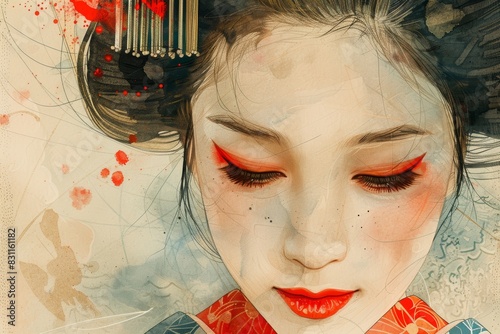 A closeup illustration of a geisha, rendered in watercolor with a traditional sumi-e style, capturing delicate details and serene beauty