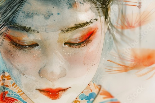 A closeup illustration of a geisha, rendered in watercolor with a traditional sumi-e style, capturing delicate details and serene beauty