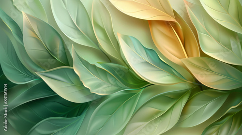An abstract background featuring stylized leaf patterns in various shades of green and gold, with soft gradients blending the colors seamlessly to create a soothing, organic design. © Yotsaran