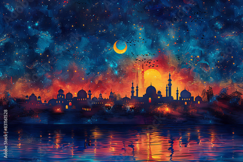 Colorful illustration of Islamic city skyline with mosque and minarets against a sunset sky.