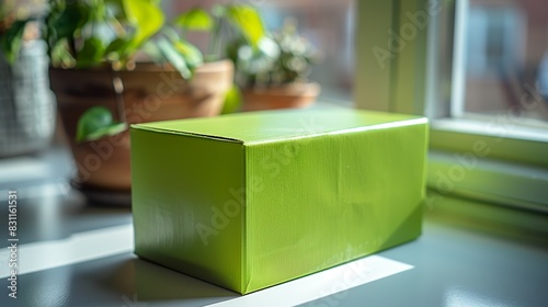 A vibrant green packaging box with smooth edges, placed on a white surface, adding a bold and cheerful touch to the scene. Minimal and Simple style