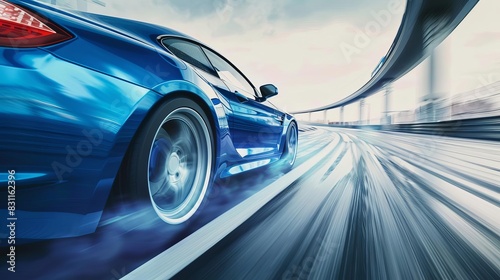 blue sports car speeding on highway turn motion blur effect rear view photo
