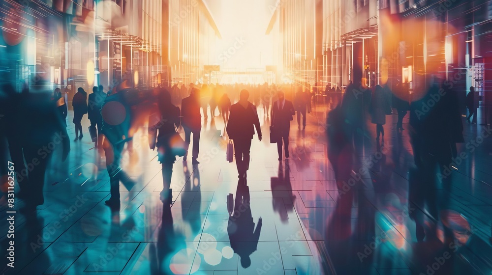 Obraz premium blurred silhouettes of business people at a crowded trade fair or modern hall abstract digital art